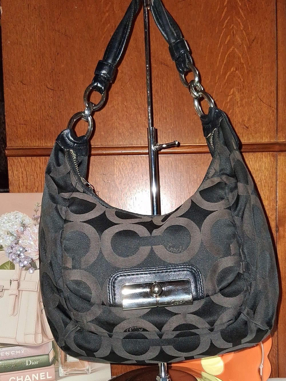 Coach Black and Charcoal Signature Logo Hobo Bag